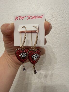 Betsey Johnson Gold-Tone Red Heart Eye Drop Earrings with Purple Teardrops